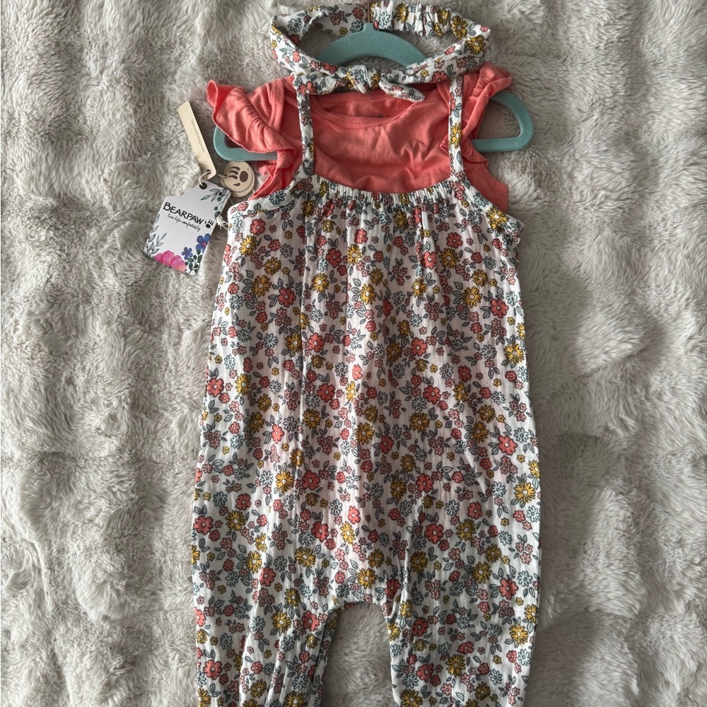 BearPaw Floral Kids Jumpsuit 3 Piece Set with Coral Top and Headband